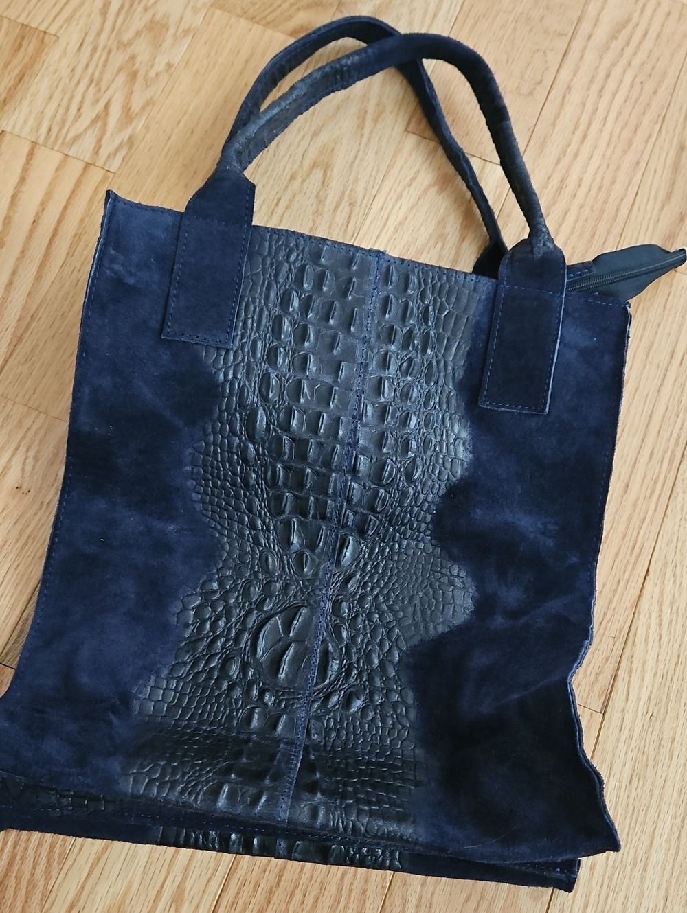 Navy Suede Tote with Black Croc Embossed Center